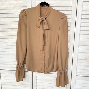 Tan/Camel Long sleeve Ruffled Top With tie collar